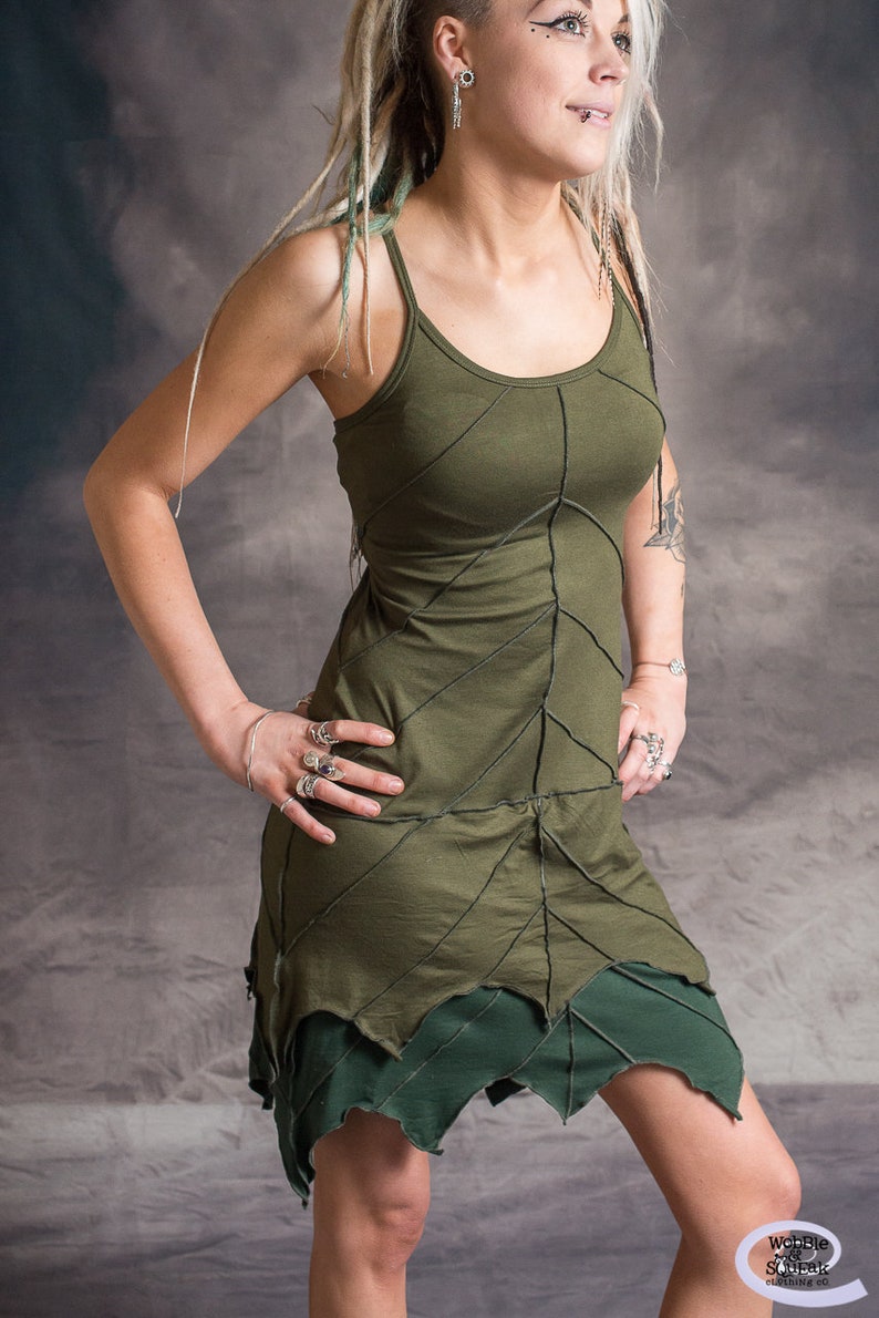 LEAF DRESS Pixie Hippy Layered Psytrance Festival Glastonbury Fairtrade Army Green/Forest