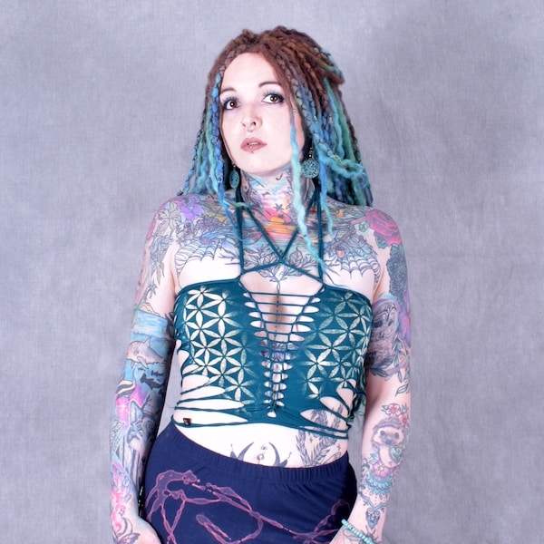 Flower of Life Cut and Weave Crop Top: Sacred Geometry Slit Rave Wear
