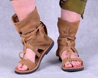 Ethical Suede Pixie Sandals Slouchy Boho Festival Boots Open Toe Gladiator Flats