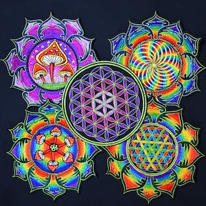 SACRED GEOMETRY PATCH Hand Made Psychedelic Black Light Stitch On Mandala Flower of Life Fairtrade