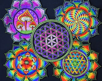 Naszywka Sacred Geometry: Ręcznie robiona psychodeliczna mandala, światło UV Black