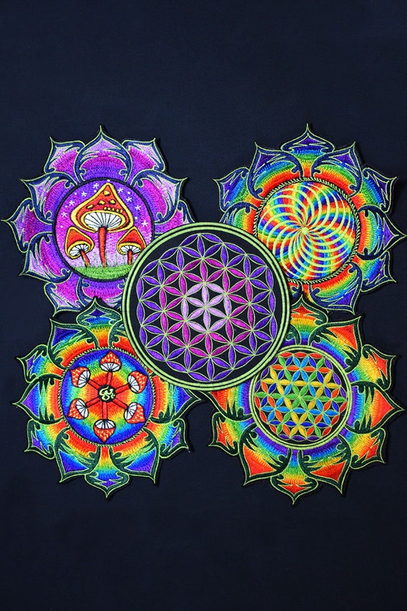 Extra Large EMBROIDERED UV PATCH Handmade Psychedelic Black 