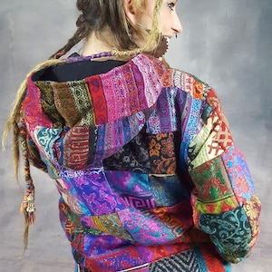 PATCHWORK JACKET Vegan Wool Cotton Lining Colourful Hippy Pixie Psytrance Festival UNISEX Hooded image 6