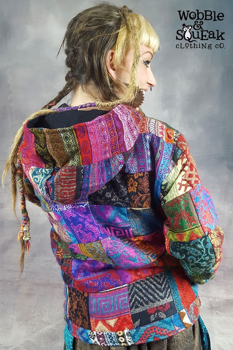 PATCHWORK JACKET Vegan Wool Cotton Lining Colourful Hippy Pixie Psytrance Festival UNISEX Hooded image 6