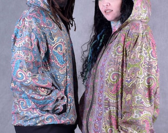 UNISEX BOMBER JACKET Hooded Silk Light Summer Zip Up Disco Hippy Psytrance Festival Coat
