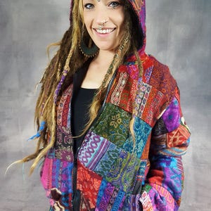 PATCHWORK JACKET Vegan Wool Cotton Lining Colourful Hippy Pixie Psytrance Festival UNISEX Hooded image 4