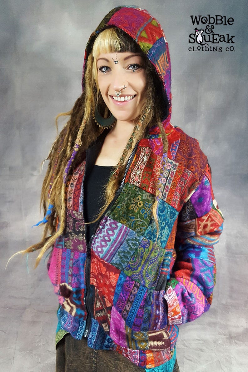 PATCHWORK JACKET Vegan Wool Cotton Lining Colourful Hippy Pixie Psytrance Festival UNISEX Hooded image 4