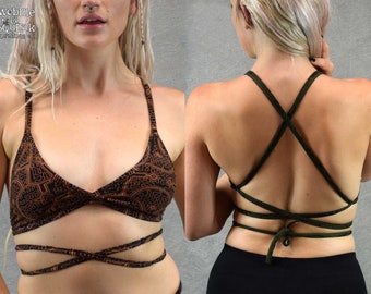 GEOMETRIC BEACH BIKINI Bathing Cross Back Bra Hippy Pixie Psytrance Festival Mind Body Soul Fairtrade