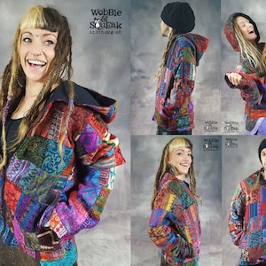 PATCHWORK JACKET Vegan Wool Cotton Lining Colourful Hippy Pixie Psytrance Festival UNISEX Hooded image 1