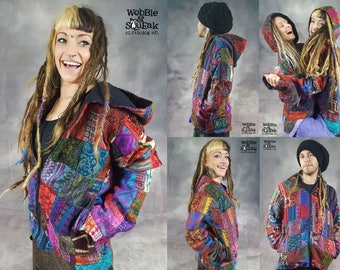 GIACCA PATCHWORK Lana vegana Fodera in cotone Colorato Hippy Pixie Psytrance Festival UNISEX Con cappuccio