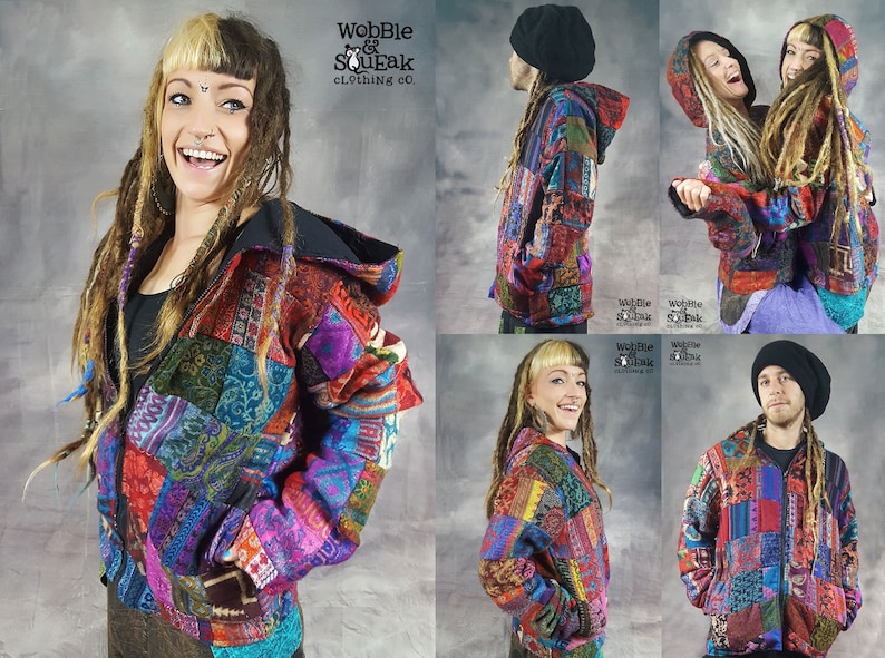 PATCHWORK JACKET Vegan Wool Cotton Lining Colourful Hippy Pixie Psytrance Festival UNISEX Hooded image 1