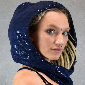 SEQUIN HOOD Sparkle Bonnet Snood Fleece Warm Hippy Psytrance Pixie Fair Trade HandMade