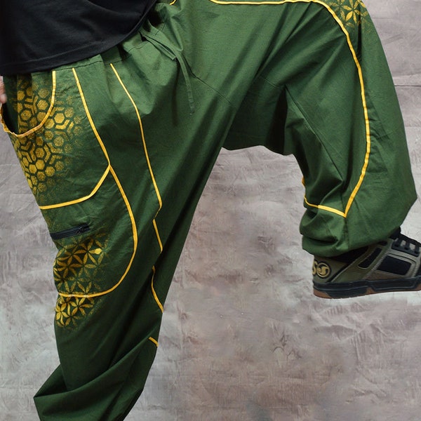 Pantalones holgados de algodón con bolsillos con cremallera para festivales de geometría sagrada