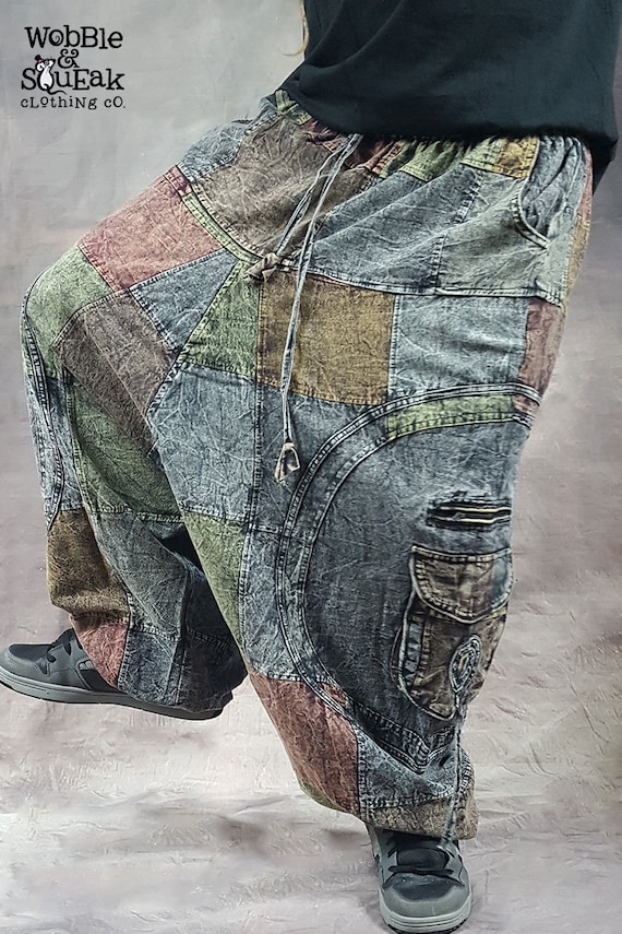 PATCHWORK STONEWASHED Ali Baba Harem Trousers Psytrance Festival Heavy Duty