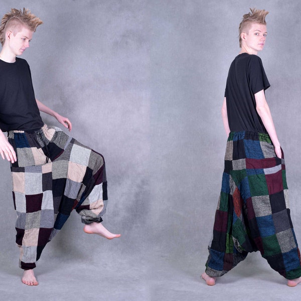 UNISEX PATCHWORK PANTS Fleece gefütterte Ali Baba Haremshose Unisex Psytrance Festival Hippy ethisch hergestellter warmer Winter Fairtrade