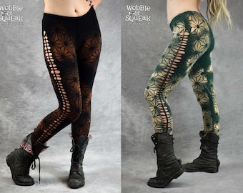 WEAVE LEGGINGS Sacred Geometry Geo-flame Psytrance Pixie Festival Customised Made in House and Dyed In the UK at Wobble and Squeak