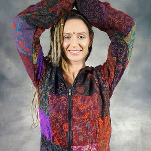 PATCHWORK JACKET Vegan Wool Cotton Lining Colourful Hippy Pixie Psytrance Festival UNISEX Hooded image 3