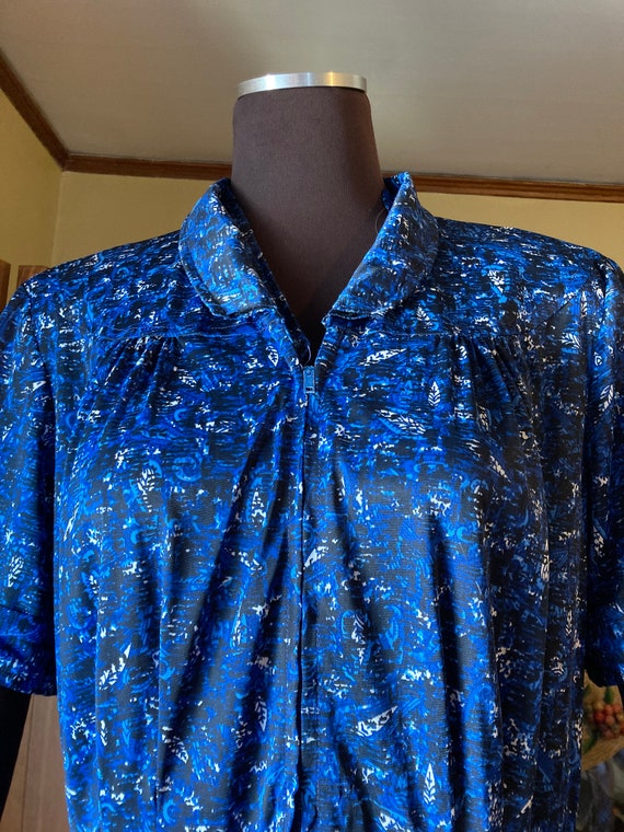 JC Penney Vintage Blue Nylon Jersey Day Dress - 4… - image 1