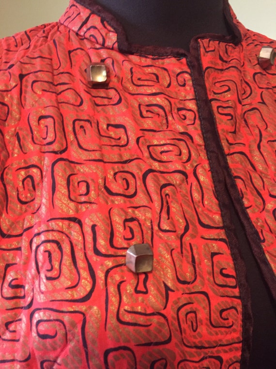 Vintage 1950's Quilted Bed Jacket Coral Black Gold Bu… Gem