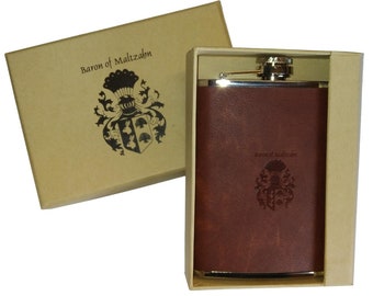 Hip flask AMUNDSEN of brown leather and stainless steel - BARON of MALTZAHN