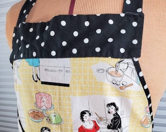 Stijlvolle Vintage koken schort. Illustraties van vrouwen bakken. Lichte slijtage zoals beschreven en afgebeeld. Eén maat past de meeste.