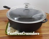 1960 39 s Wagner Ware 8 Deep Skillet Labeled 39 10 1 2 quot Chicken Fryer 39 WITH Glass Lid. Flat on Coil Top or Gas Range, Sits With A Spin on Glass.