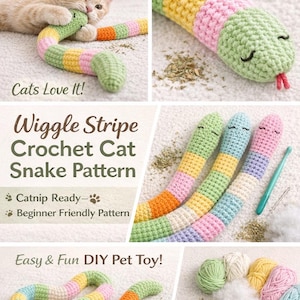 Könnte beinhalten: Ein gehäkeltes Katzenspielzeug in Form einer Schlange mit grünen, gelben, rosa und orangefarbenen Streifen. Das Bild enthält den Text "Cats Love It!" und "Wiggle Stripe Crochet Cat Snake Pattern". Das Spielzeug ist katzenminzefreundlich und für Anfänger geeignet.