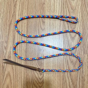 Könnte beinhalten: Eine bunte geflochtene Hundeleine aus Seil mit einem braunen Ledergriff. Das Seil ist blau, orange, gelb, rot und lila.