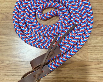 8' Red/White/Blue Loop Reins w/ Water Loops, Yacht Rope Reins, Clinician Reins, Loop Reins