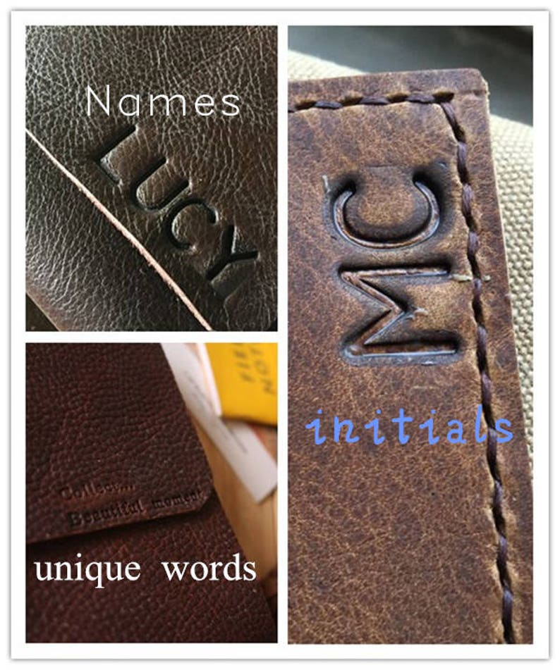 May include: Close-up of a brown leather journal with the name "Lucy" embossed on the cover and the initials "MC" embossed on the spine. The journal has a stitched edge and the text "Collect Beautiful Moments" and "unique words" is embossed on the front cover.