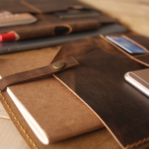 May include: A brown leather portfolio with multiple pockets and compartments. The portfolio has a flap that closes with a snap. The portfolio is open and shows a notebook, a phone, and a credit card.