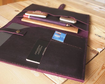 Handmade Purple Leather Portfolio: Travel Document & Passport Holder
