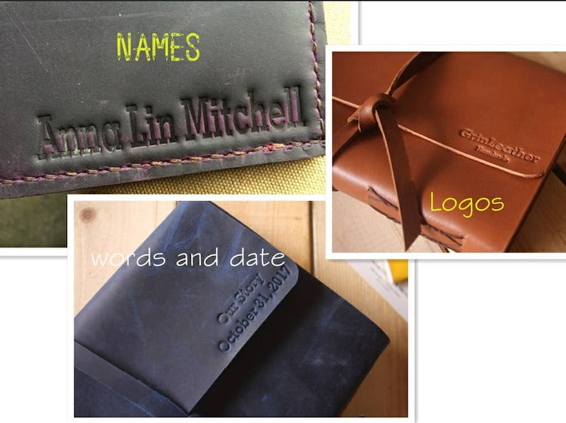 May include: Three leather-bound journals with personalized text. The first journal has the names "Anna Lin Mitchell" embossed in purple. The second journal has the text "Our Story" and the date "October 31, 2017" embossed in blue. The third journal has the text "Grimleathar" embossed in brown. All three journals have the word "Logos" embossed in yellow.