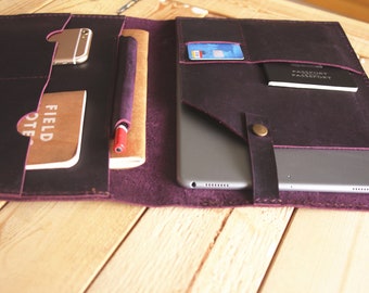 Handmade Leather iPad Pro Case: Dark Purple Portfolio with Apple Pencil Holder
