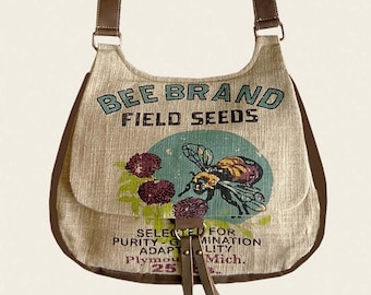 Bee Brand Crossbody-satchel/handbag-Vintage seed sack design linen & leather bag