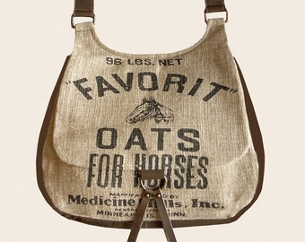 Favorit Oats Crossbody-satchel/handbag-Vintage burlap sack design Linen & Leather bag