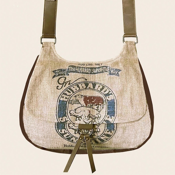 Hubbard Sunshine Crossbody-satchel/handbag-Vintage burlap sack design linen & leather bag