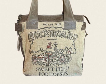 Sweet Feed Convertible-crossbody/handbag-Vintage burlap sack design Linen & Leather bag