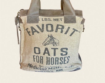 Favorit Oats Convertible-crossbody/handbag-Vintage burlap sack design Linen & Leather bag