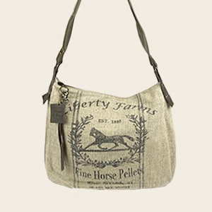 Liberty Farms Hobo-shoulder strap handbag-Vintage burlap sack design Linen & Leather bag