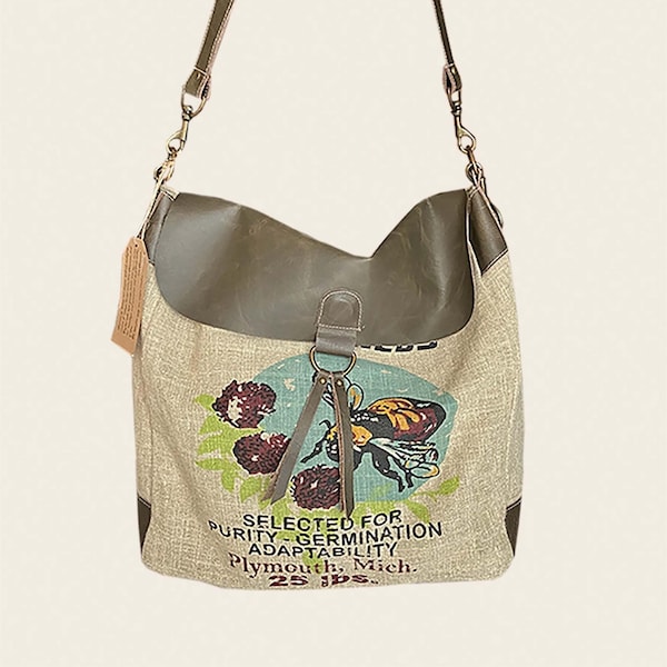 Bee Brand Messenger-crossbody/handbag-Vintage burlap sack design Linen & Leather bag