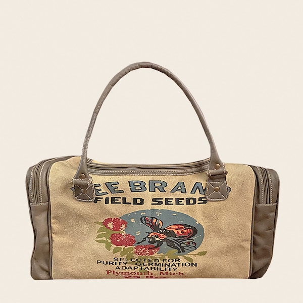 Bee Brand Duffle-duffle bag/travel bag/unisex-Vintage Seed Sack Design,  canvas & leather