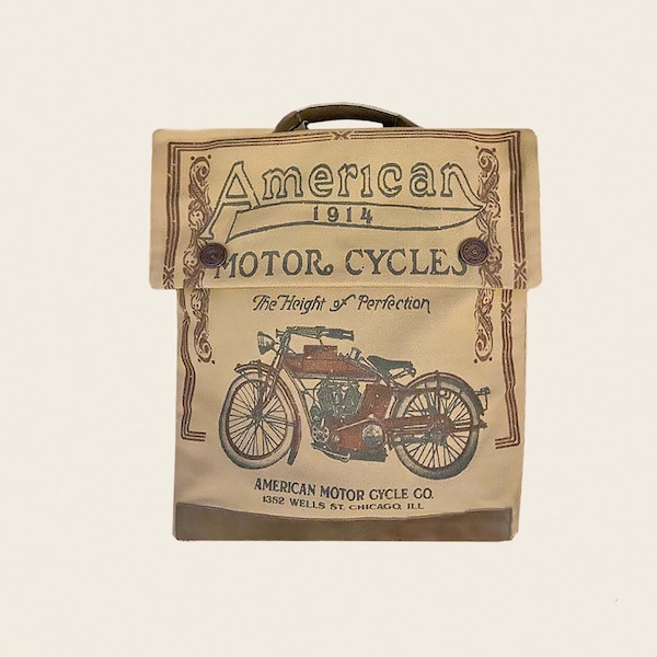 American Cycle-Backpack/Crossbody/Handle-satchel/unisex-Vintage American Motorcycle Co. Advertisement, Canvas  & Leather bag