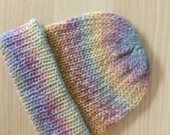 Handmade knit Beanie, super soft Australian wool. Will fit teen through to adult. Fun Rainbow colors, can be worn brim down or folded up.