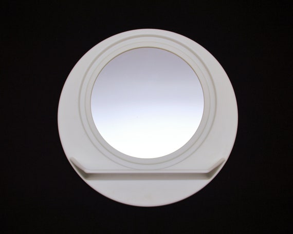 60s 70s Bathroom Mirror With Shelf White Round Plastic Frame 60s 70s Bathroom Mirror With Shelf