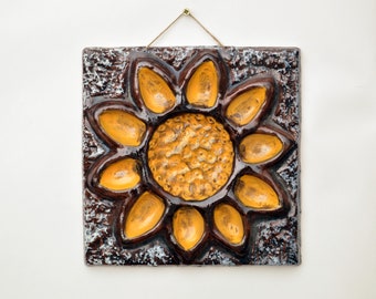 70s vintage ceramic WALL PLAQUE with SUNFLOWER