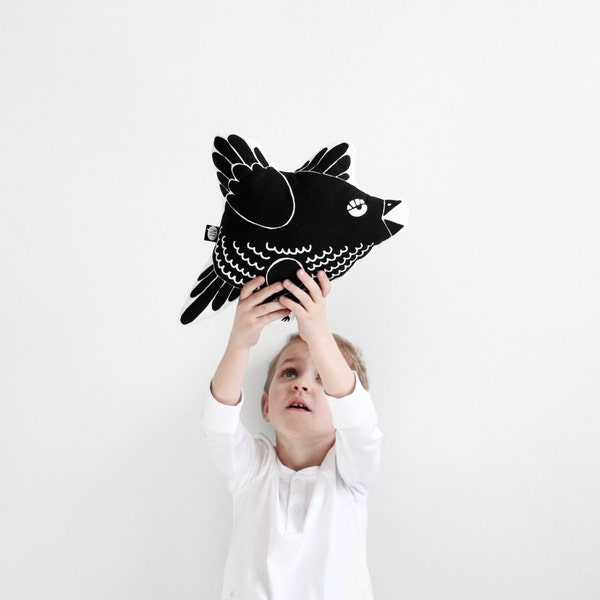 cute screen printed cotton bird pillow children kid stuffed animal toy black and white graphic design bird shaped baby shower