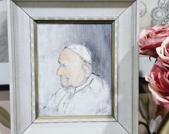 Pope Francis Portrait: 1963 Handmade Pencil & Pastel Art, Signed, Wood Frame