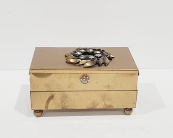 Vintage 1950s Art Deco Gold Tone Jewelry Trinket Box with Rhinestone Accents & Velvet Lining