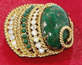 Vintage Corocraft Brooch: Gold Tone Green Agate Rhinestone, 1950s